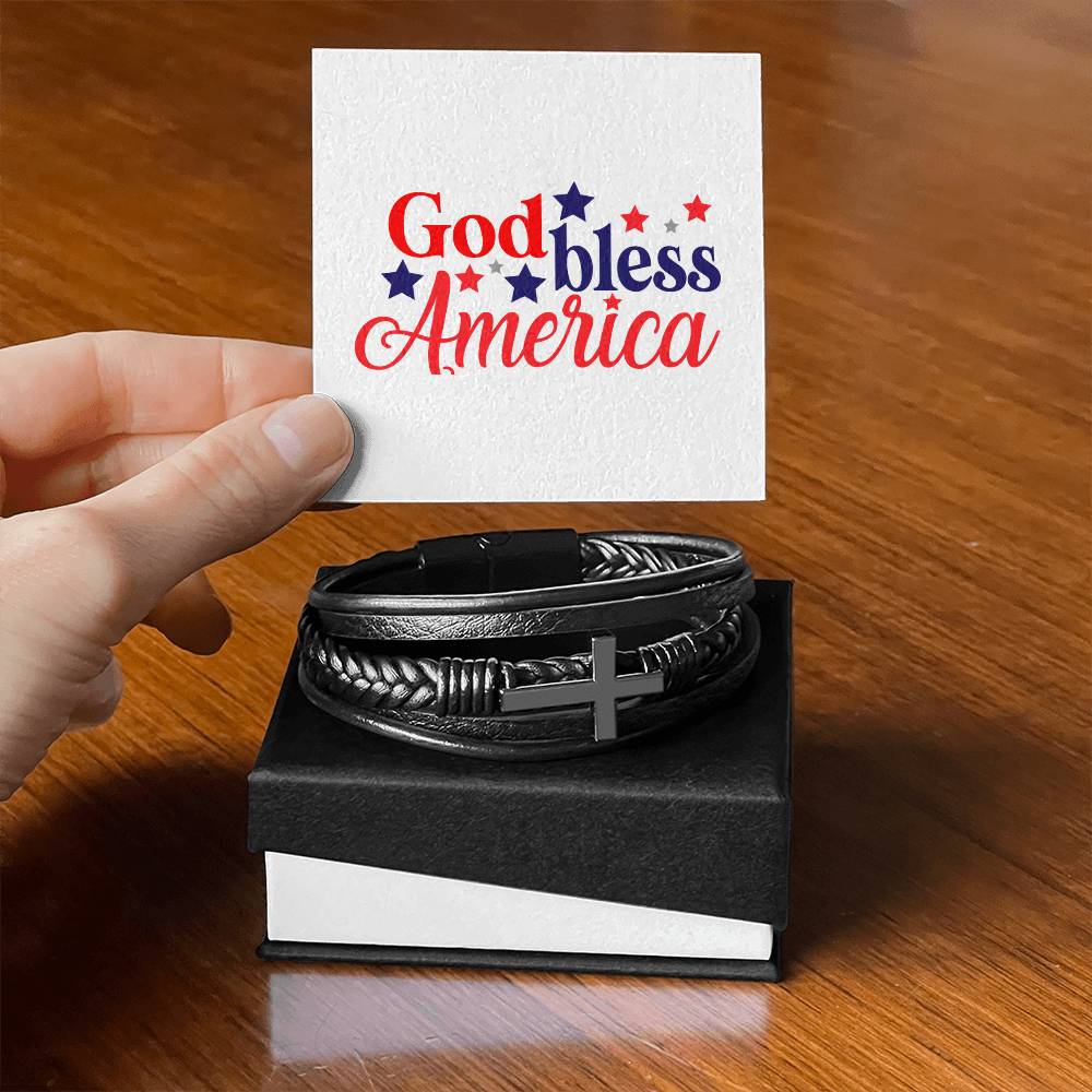 God Bless America  Men's Cross Leather Bracelet