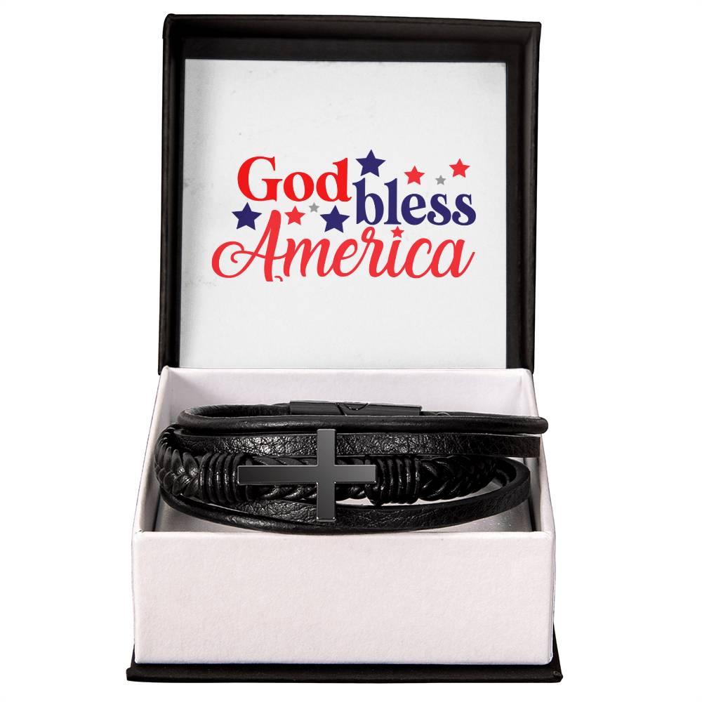 God Bless America  Men's Cross Leather Bracelet