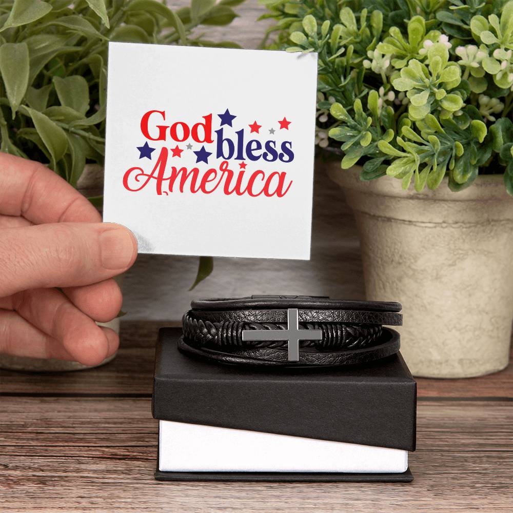 God Bless America  Men's Cross Leather Bracelet