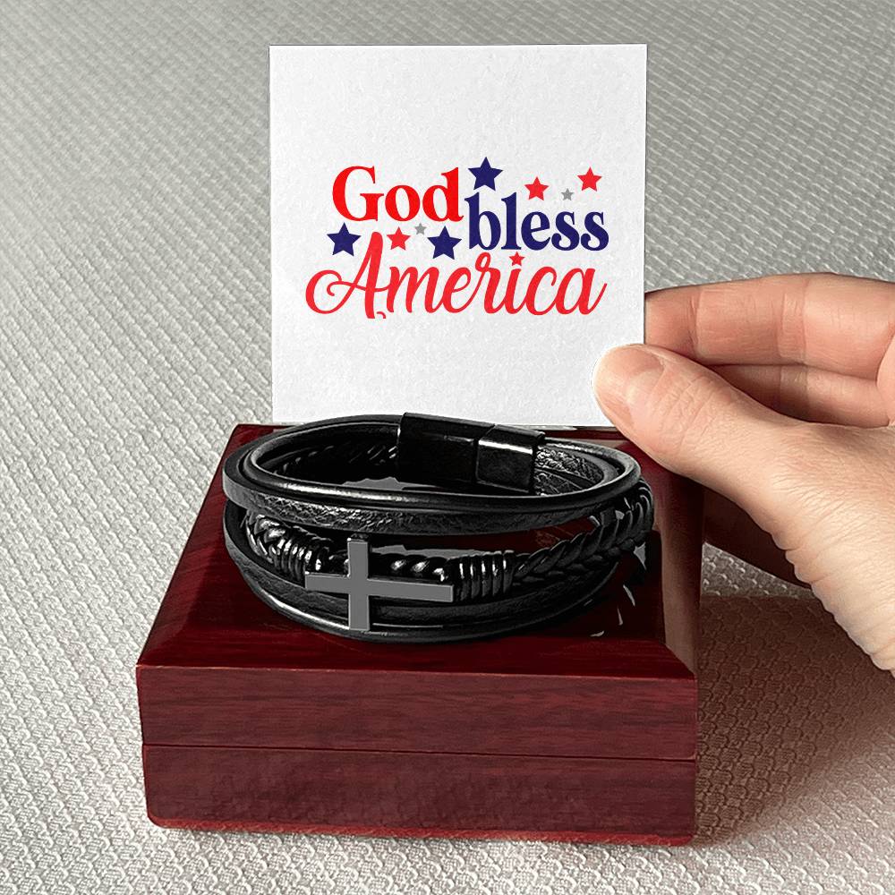 God Bless America  Men's Cross Leather Bracelet