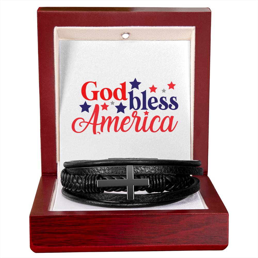 God Bless America  Men's Cross Leather Bracelet